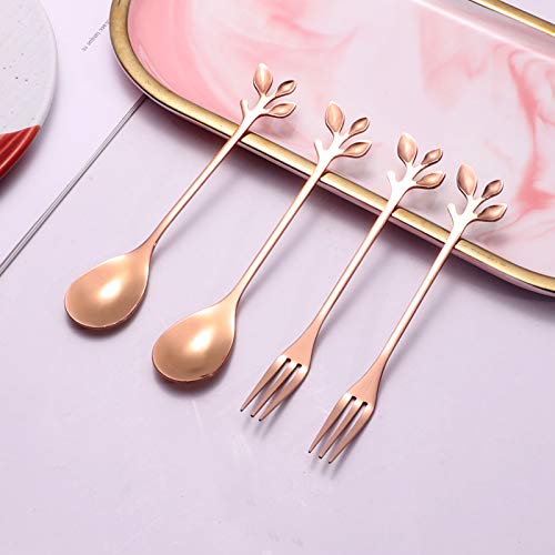 Stainless Steel Rose Gold Leaf Coffee Cake Spoon Fork-Ansaw 10Pcs 4.7 Creative Tableware Dessert Spoons, Stirring, Mixing, Sugar